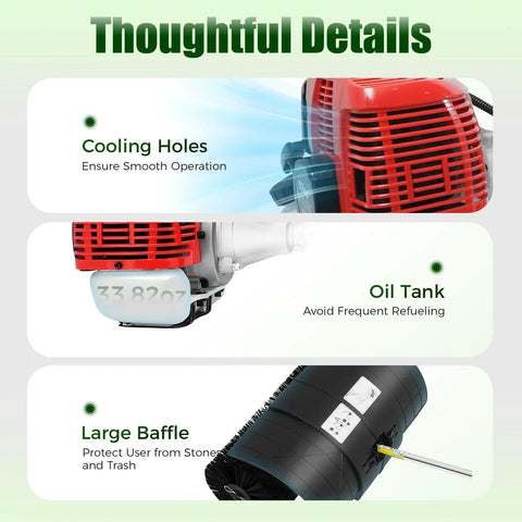 Gas Powered Handheld Sweeper For Driveways And Lawns, 2.3HP 52cc Outdoor Broom With Air Filter, Manual Puller, And High Density Nylon Brush, Wide 20 Inch Sweep For Snow, Leaves, Debris On Turf, Street, And Artificial Grass; cooling holes, oil tank, large baffle