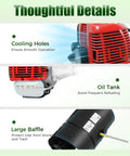Thoughtful details of Tough 52cc Gas Powered Handheld Sweeper With Cushioned Grip and Widened 20 Inch Nylon Brush showing cooling holes and oil tank.