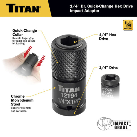 1/4-Inch To 1/4-Inch Hex Drive Quick-Change Impact Adapter, chrome molybdenum steel, beefy heavy-duty pro-grade build, diagram