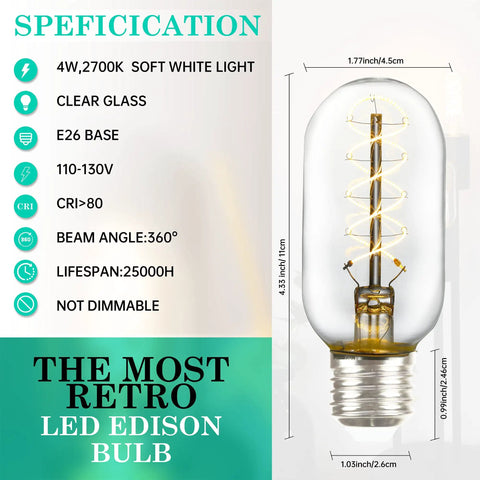 Vintage LED Edison Bulb With Ultra Thin Spiral Filament 2700K Cozy Warm White Glow Non Dimmable T45 Tubular Light Bulb with specifications