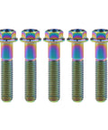 Badass Heavy Duty Titanium Flange Hex Bolts M8 Size 15mm Length For Custom Motorcycle Projects And Hard Core Bike Maintenance Rainbow Coated Screws Pack Of Five in a row