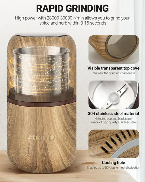 Electric Herb Grinder With Large Capacity And High Rotating Speed For Spices And Herbs Grind 120g In 5 To 10 Seconds One Hand Operation With Visual Lid For Coarse To Fine Grinding Wood Grain Finish Fast And Easy Kitchen Gadget with stainless steel blades and cooling holes.