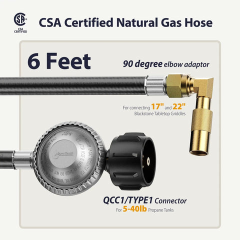 Image showing a CSA certified natural gas hose, 6 feet long, with a 90-degree elbow adaptor and QCC1/TYPE1 connector for griddles.