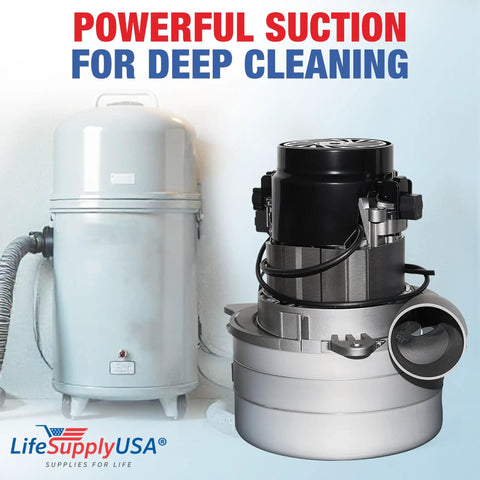 Beefy 120V 1200W 2 Stage Central Vacuum Motor With High Suction Tangential Bypass Discharge Blower alongside a white vacuum unit.