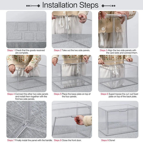 Step-by-step installation of 4 Piece Clear Acrylic Handbag Storage Organizer Set for Closet with magnetic door assembly guide.