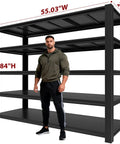 Beefy Heavy-Duty 5 Tier Garage Shelving Unit With Adjustable Shelves For Garage Workshop Basement Or Warehouse 84H X 55.03W X 24D Inches Industrial Storage Racking with person for scale.