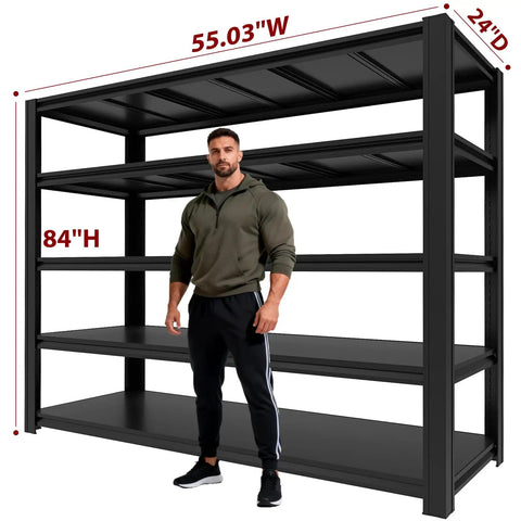 Beefy Heavy-Duty 5 Tier Garage Shelving Unit With Adjustable Shelves For Garage Workshop Basement Or Warehouse 84H X 55.03W X 24D Inches Industrial Storage Racking with person for scale.