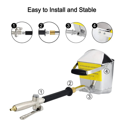 Beast 4 Jet Plaster And Stucco Sprayer Pneumatic Cement Mortar Gun assembly steps, emphasizing attachment and stability features.