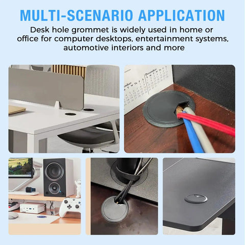Heavy Duty 2 Inch Desk Grommet And Cord Hole Cover White Abs Cable Pass Through Insert in various desktop setups.