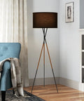 60 Inch Tripod Floor Lamp In Brushed Nickel With Gray Linen Drum Shade, Mid Century Cross Leg Design in modern living room