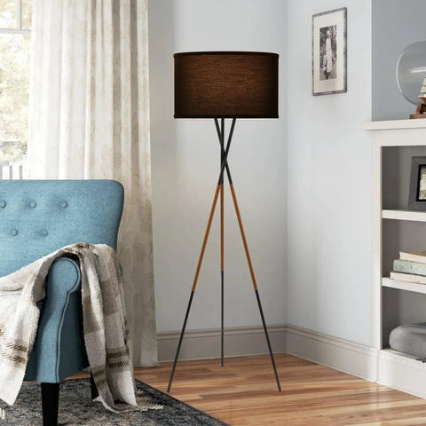 60 Inch Tripod Floor Lamp In Brushed Nickel With Gray Linen Drum Shade, Mid Century Cross Leg Design in modern living room