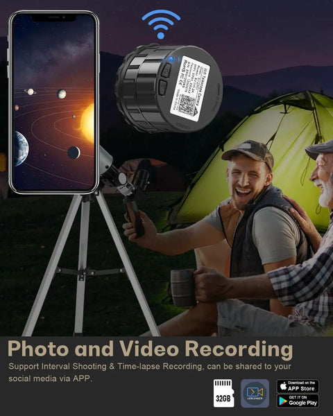 WiFi Eyepiece Camera For Telescopes And Microscopes attached to a telescope, showing live planetary view on a smartphone screen.
