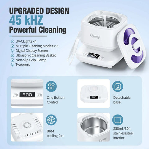 Detachable 45kHz Ultrasonic Retainer Cleaner with 3 Cleaning Modes, digital timer, visible window, UV light sanitizing features