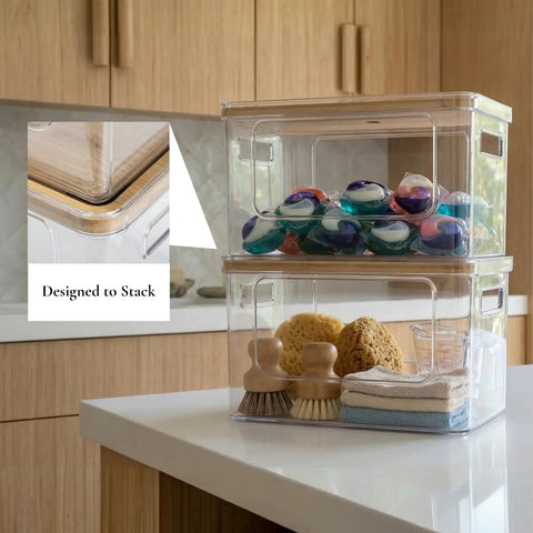 Nifty Under Sink Trash Bag Dispenser With Bamboo Lid Stackable Garbage Bag Holder And Dishwasher Pods Organizer Keeps Your Kitchen Pantry Neat And Works As A Total Game Changer For Laundry Rooms