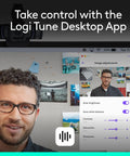 User adjusting settings on Logi Tune Desktop App with Super Crisp 1080p HD Webcam With Dual Built In Mics And A Smooth 78 Degree Field.