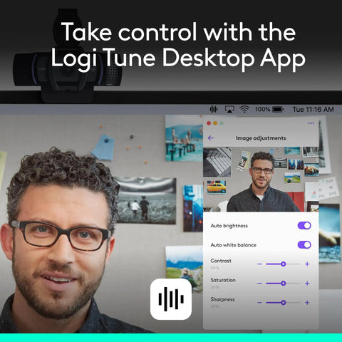 User adjusting settings on Logi Tune Desktop App with Super Crisp 1080p HD Webcam With Dual Built In Mics And A Smooth 78 Degree Field.