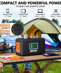 Portable Power Station 120W 240W Peak Solar Generator with 88Wh battery on camping table beside laptop and drone.