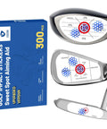Golf Impact Tape With Red Target Sweet Spot For Instant Swing Feedback And Self Teaching Practice Indoor And Outdoor Use 300 Count High Precision Swing Training Aid showing sweet spot on club faces.