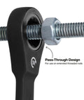 Close-up of ratcheting wrench using pass-through design on threaded rod, part of Ratcheting SAE Wrench Set 8 Piece 5/16 To 3/4 Inch With 90 Tooth Ratchet And Steel Alloy Build Includes Foam Pouch For Easy Storage Perfect For Auto Shop Or DIY Projects And Home Repairs.