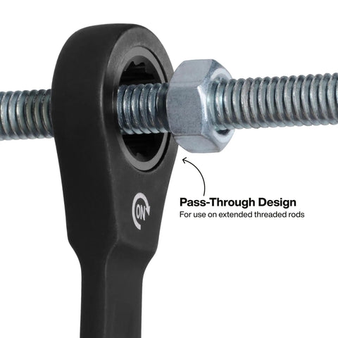 Close-up of ratcheting wrench using pass-through design on threaded rod, part of Ratcheting SAE Wrench Set 8 Piece 5/16 To 3/4 Inch With 90 Tooth Ratchet And Steel Alloy Build Includes Foam Pouch For Easy Storage Perfect For Auto Shop Or DIY Projects And Home Repairs.