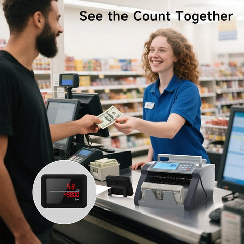 Cashier using Dual Motor Cash Counter 2.0 With 5 Layer Counterfeit Detection UV MG IR DD MT Counts 1000 Bills Per Minute Batch Add Modes LCD Display Your Go To Money Counter For Office Use at store