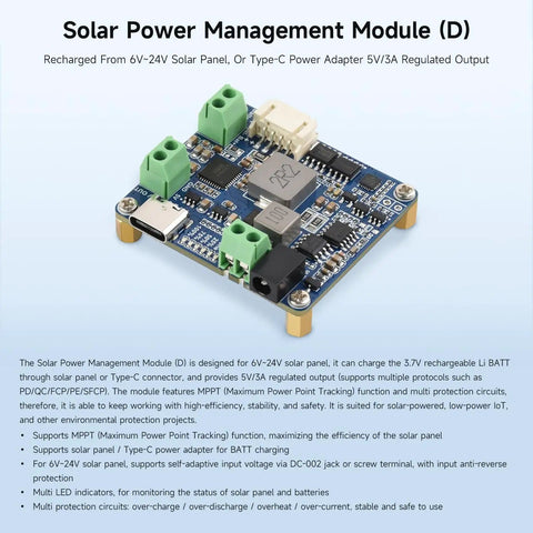 MPPT Dope Solar Power Manager Module With Battery Holder, showing connectors and Type C input, for 6V-24V panels, DIY projects