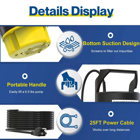 Workhorse Half Horsepower Submersible Water Pump With 2200GPH features: bottom suction design, portable handle, 25 Ft power cable.