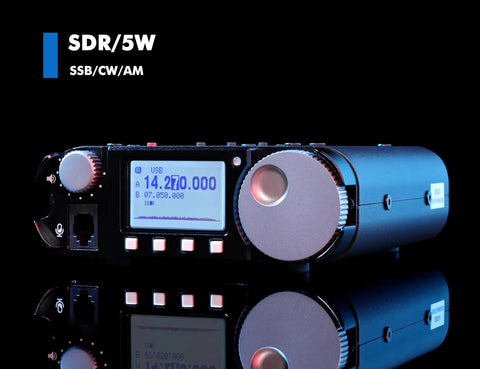 Portable High Performance 16Bit SDR HF Transceiver For SSB CW AM WFM With FT8 Support Versatile QRP Rig For Ham Radio Enthusiasts Clear Reception Easy Tuning Compact Field Setup with digital display on black background.