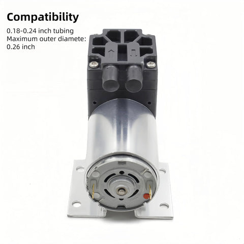 DC 12V oil-free vacuum pump with metal cylinder, dual-port black top, mounted on a metal base plate.