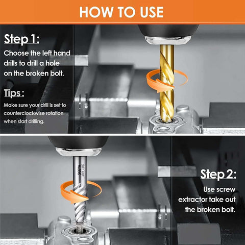 14-piece screw extractor and left-hand drill bit set; infographic showing drilling and removing a broken bolt.