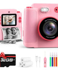 Kids Camera With Instant Print No Ink Thermal Photo Printer Pink For Ages 3 To 12, Easy Snap And Share, Perfect Birthday Gift For Girls, Inkless Printing, Color Paper Optional Not Included, Durable Fun For Young Shutterbugs pink kids instant print camera with 32GB card, USB-C, rolls of paper