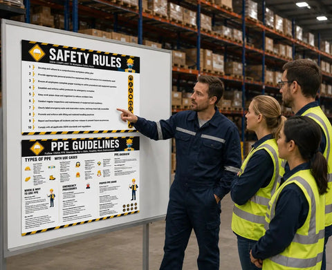Instructor discussing PPE Safety Posters Two Pack 17 By 24 Inch Workplace Safety Rules Signage For Construction And Industrial Sites OSHA Compliant Personal Protective Equipment Guidelines For Office Factory And Jobsite Safety with workers