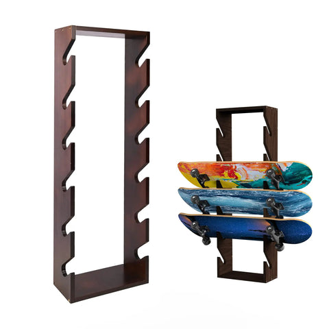 Six Tier Wooden Skateboard Wall Rack Mount 36 Inch Display Stand And Storage Organizer for skateboards with boards inserted