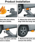 Universal Aluminum Magnetic Jack Pad with 0.4 Inch Weld Slots Pinch Weld Frame showing installation steps on a car.