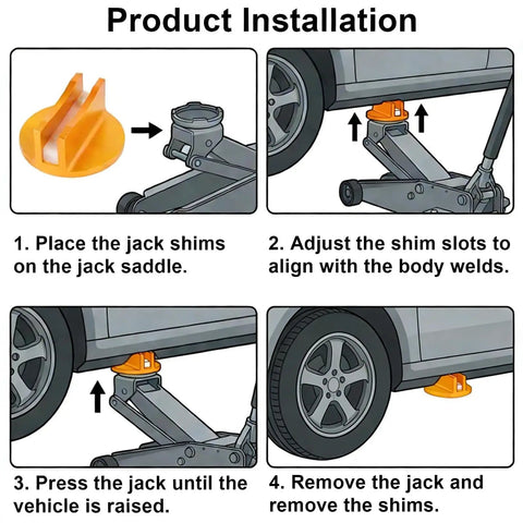 Universal Aluminum Magnetic Jack Pad with 0.4 Inch Weld Slots Pinch Weld Frame showing installation steps on a car.
