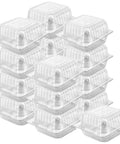 Stacked clear plastic hinged takeout clamshell containers, 50 pack, see-through cake slice boxes for desserts, cookies, salads.