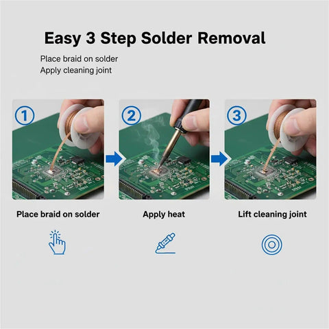 Desoldering Solder Wick Braid Tool With No Clean Flux Core For Electronic Repair And Component Removal step-by-step process