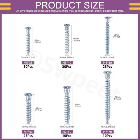 130-Piece Confirmat Screw Kit With 6 Sizes M5 x 35/40/50 And M7 x 40/50/70 Zinc Plated Carbon Steel Phillips Countersunk Self-Tapping Screws
