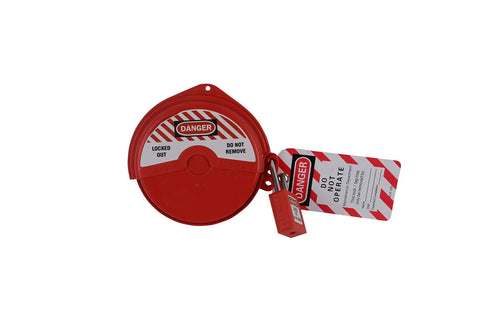 Rotating Gate Valve Lockout For 2 To 5 Inch Valve Handles ABS Safety Lockout Device with tagout label and lock for handwheel safety.