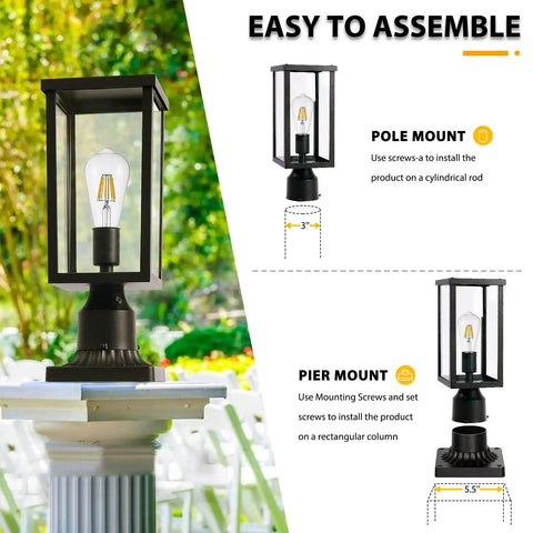 Outdoor Post Light Auto On Sensor 120V Aluminum Waterproof Lantern For Garden Yard Patio Pathway With Pier Mount Base