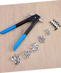 Get Your Project Done Fast With This Epic 86Pcs Heavy Duty Rivet Nut Tool Kit Featuring Versatile Rivnuts For Electrical Assembly And Duct Laying So You Can Bolt Steel Metal Like A Pro Today. Black and blue rivet nut tool with M5 M7 aluminum rivnuts on wood.