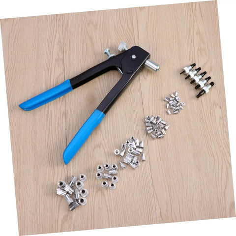 Get Your Project Done Fast With This Epic 86Pcs Heavy Duty Rivet Nut Tool Kit Featuring Versatile Rivnuts For Electrical Assembly And Duct Laying So You Can Bolt Steel Metal Like A Pro Today. Black and blue rivet nut tool with M5 M7 aluminum rivnuts on wood.