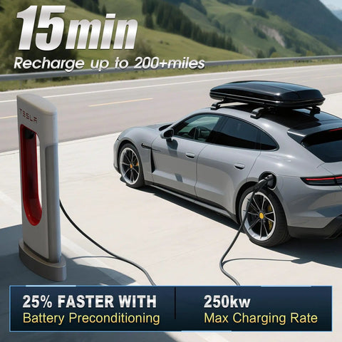 Upgraded NACS To CCS1 Charging Adapter For Tesla Supercharger With 500A 1000V Fast Charge Capability Built Tough For EV Road Trips And No Sweat Plug And Play Convenience On The Go at a Tesla charging station with a sleek car.