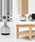 Four M8 Thread Adjustable Furniture Levelers Feet Silver Finish Easy Install Detachable Design in use on table and metal frame