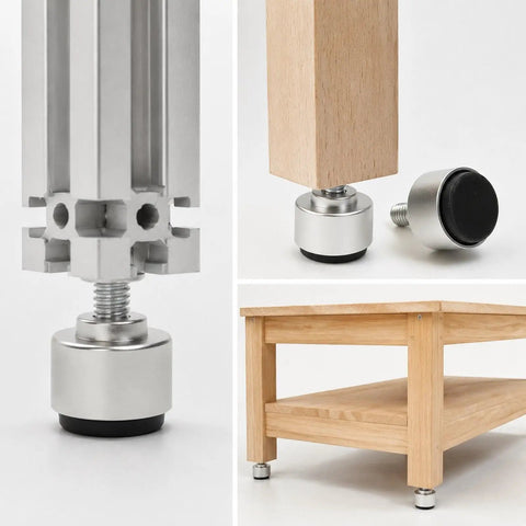 Four M8 Thread Adjustable Furniture Levelers Feet Silver Finish Easy Install Detachable Design in use on table and metal frame