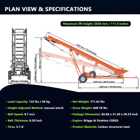 Plan view of Gas Powered Firewood Conveyor with 19.7 Inch Wide PVC Belt, 31 Ft Long, showing dimensions and specifications.