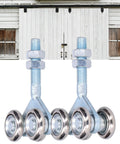 Heavy Duty Double Roller Wheels For Sliding Barn Doors Smooth Gliding Trolley Hardware Built Tough Iron Construction No Sweat Setup Top Tier Quality Pack Of Two with silver rollers and bolts.