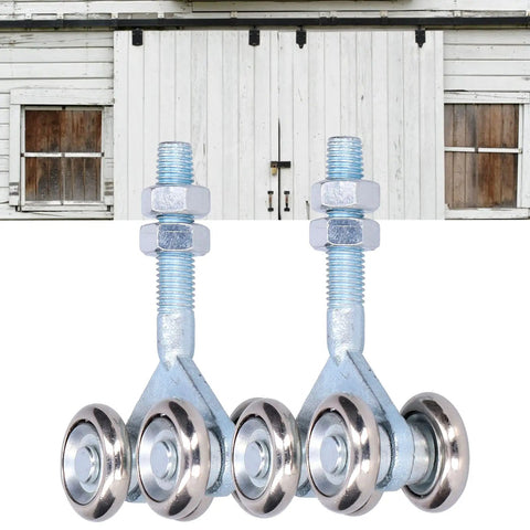 Heavy Duty Double Roller Wheels For Sliding Barn Doors Smooth Gliding Trolley Hardware Built Tough Iron Construction No Sweat Setup Top Tier Quality Pack Of Two with silver rollers and bolts.