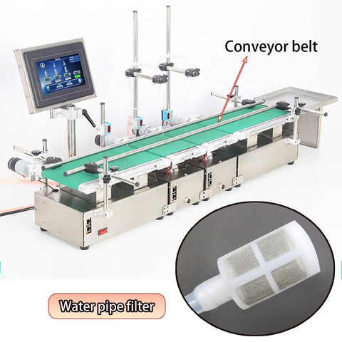 Rock Solid Automatic Double Head Liquid Filling Machine With Dead Simple Plug And Play Interface And No Fuss Adjustable Speed For Smooth Assembly Line Bottling showing the conveyor belt and digital control panel.