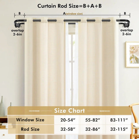 Size chart for adjustable black double curtain rod set with twist in telescoping segments and wrap around design for 32 to 58 inch windows